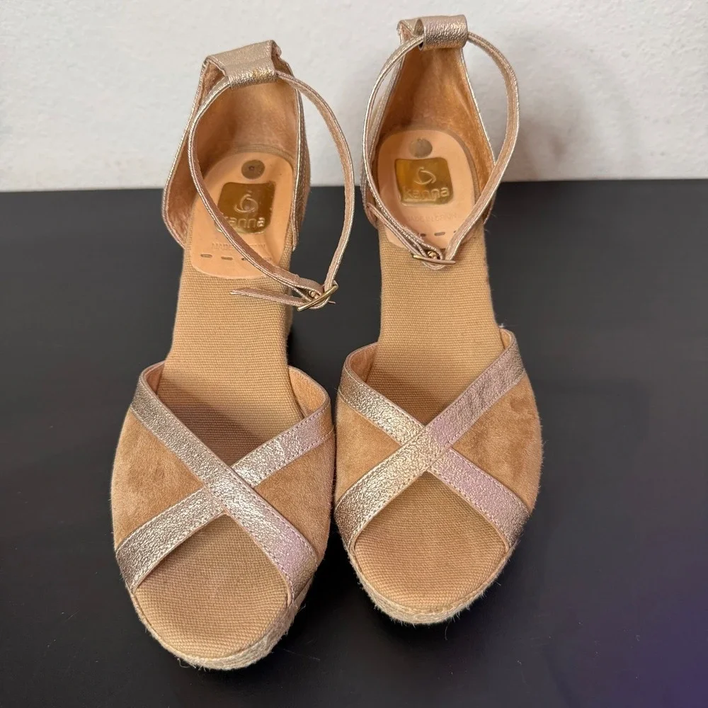 Kanna Spain Suede Leather Metallic Espadrille Wedge Sandals 38 US 8 Platform